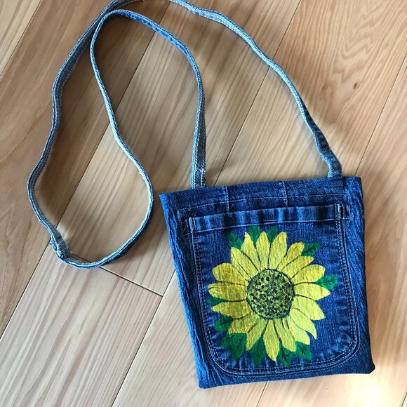 Denim Crossbody Bag: Sunflower Theme Handmade Jean Purse, Cell Phone Holder - Picture 10 of 11